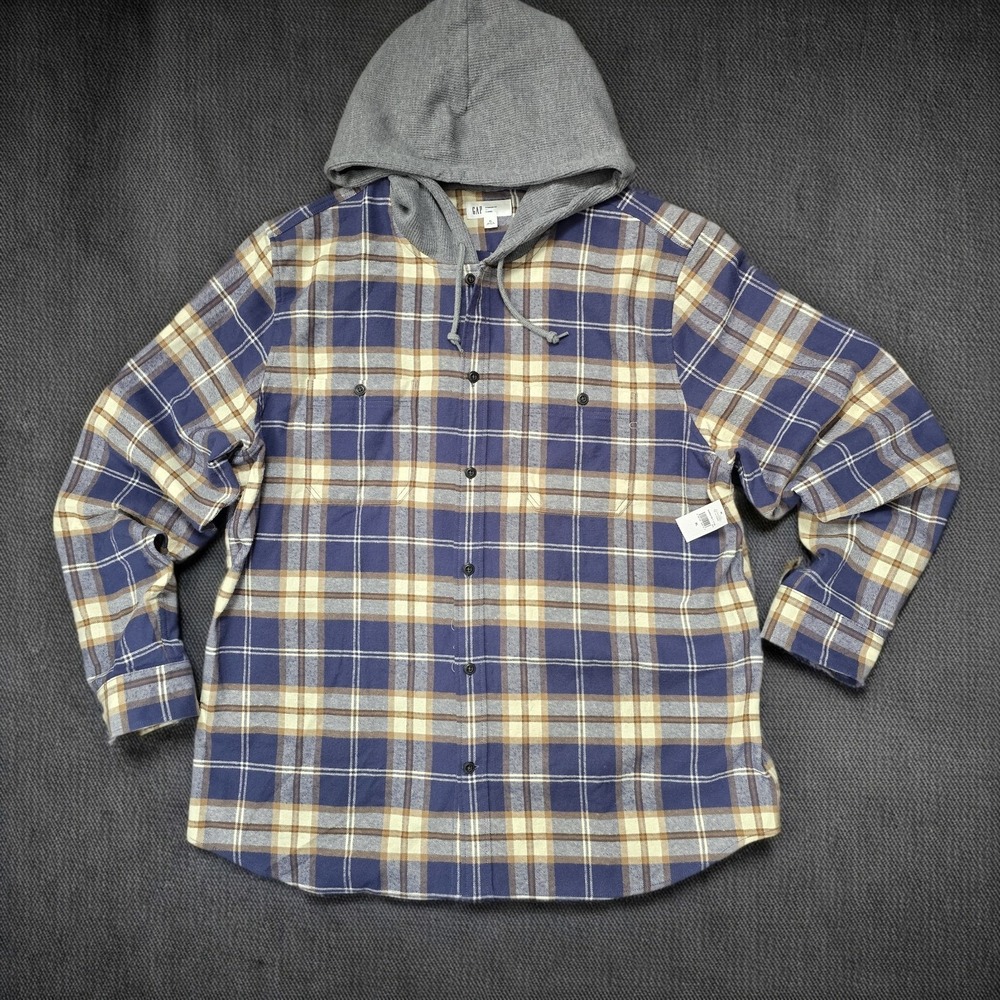 Gap Mens XL‎ Blue Plaid Flannel Hooded Shirt Standard Fit Long Sleeve 545640-00
